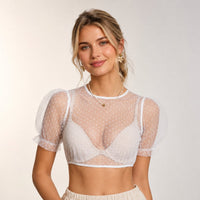 Dirndlbluse aus Mesh mit Puffärmeln und Punktmuster