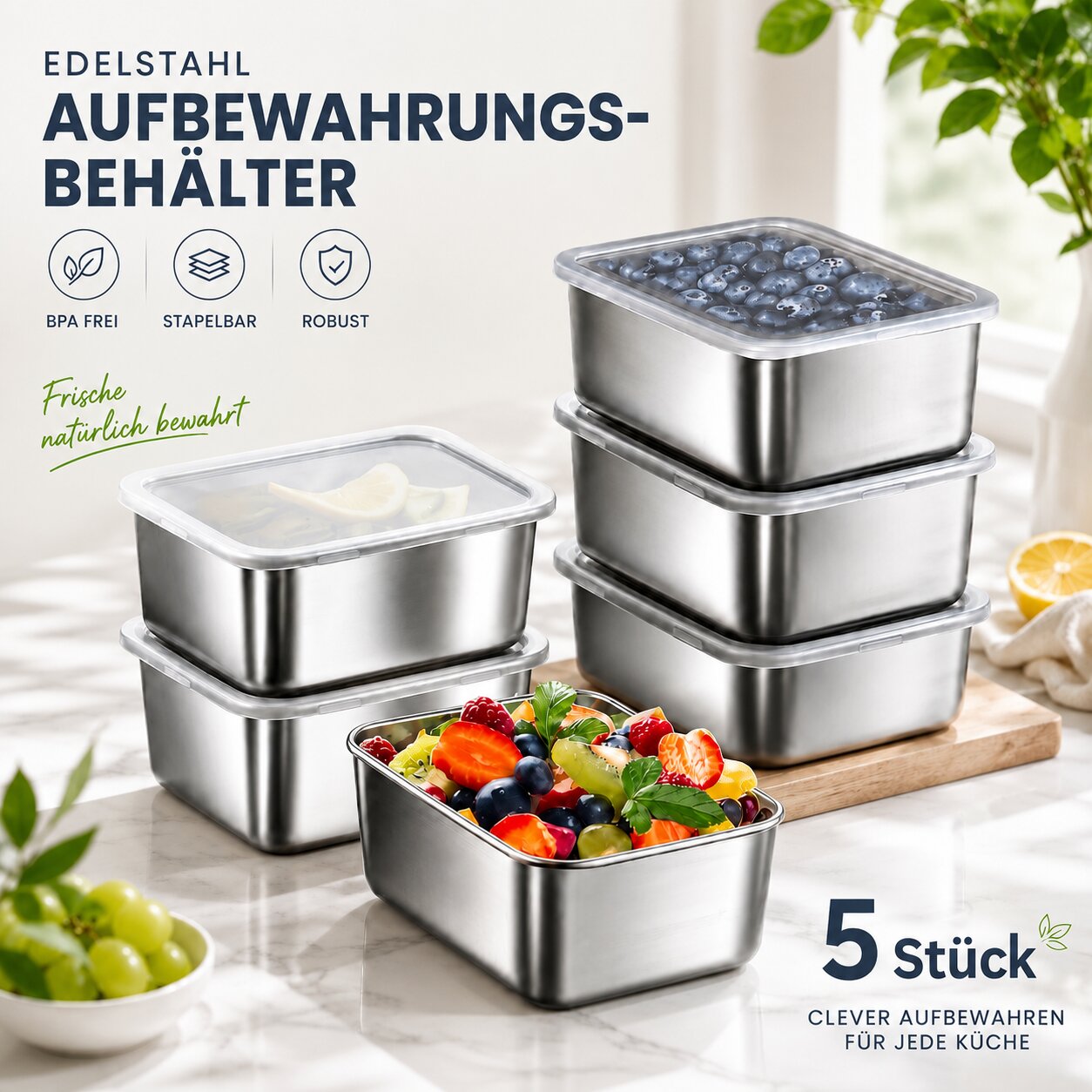 Edelstahl Vorratsdosen | 5-teiliges Set mit Deckel