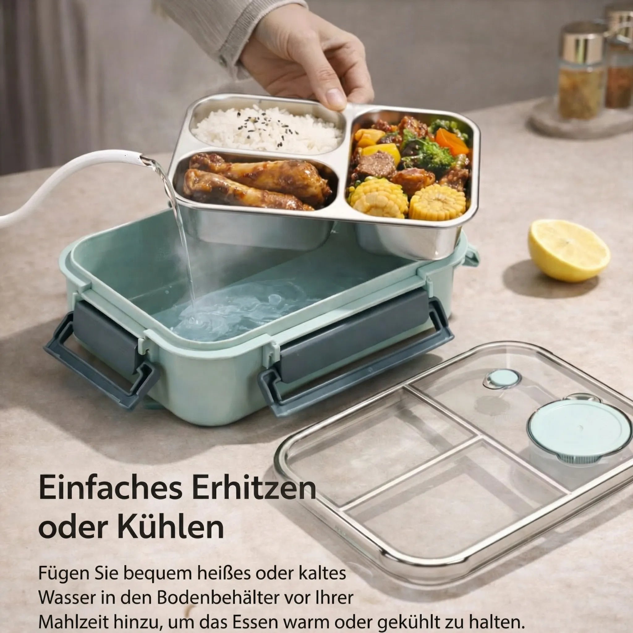 Lunchdose | Thermobehälter für Essen | Brotdose mit Fächern aus Edelstahl | Wärmebehälter