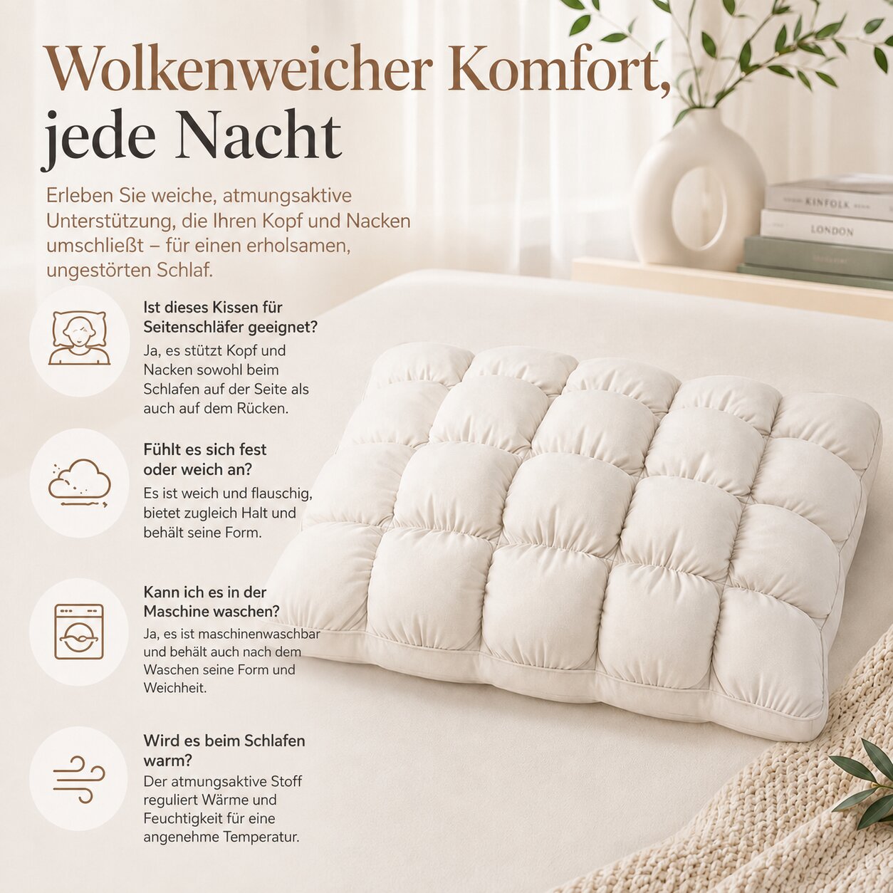Kopfkissen | Weiche Mikrofaserfüllung | Nackenstütze