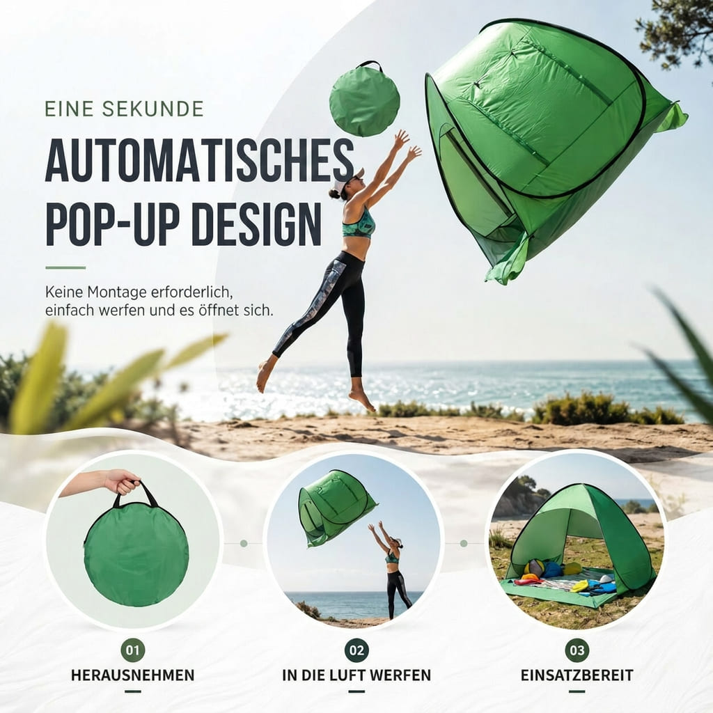 Strandmuschel Pop Up | Strandzelt UV-Schutz 98 % | Wurfzelt 2 Personen