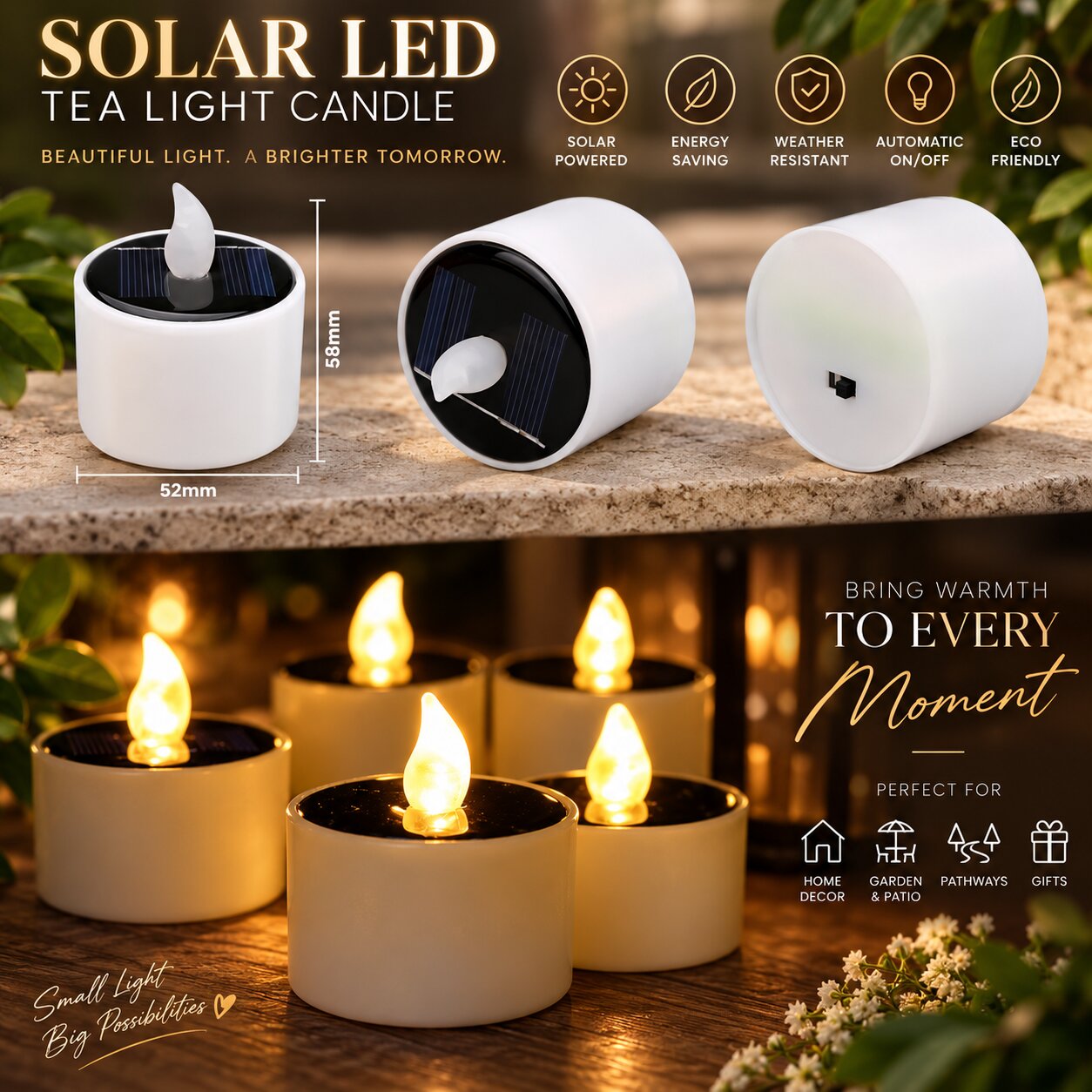 LED Teelichter | Solarbetrieben mit Flackereffekt