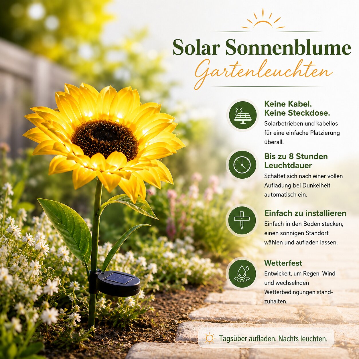 Solarleuchte Garten | Sonnenblumen Design | Warmweißes Licht