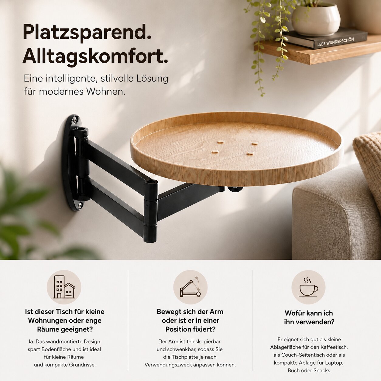 Beistelltisch | Wandmontiert & Schwenkbar | 30 cm Eichenholz Tischplatte