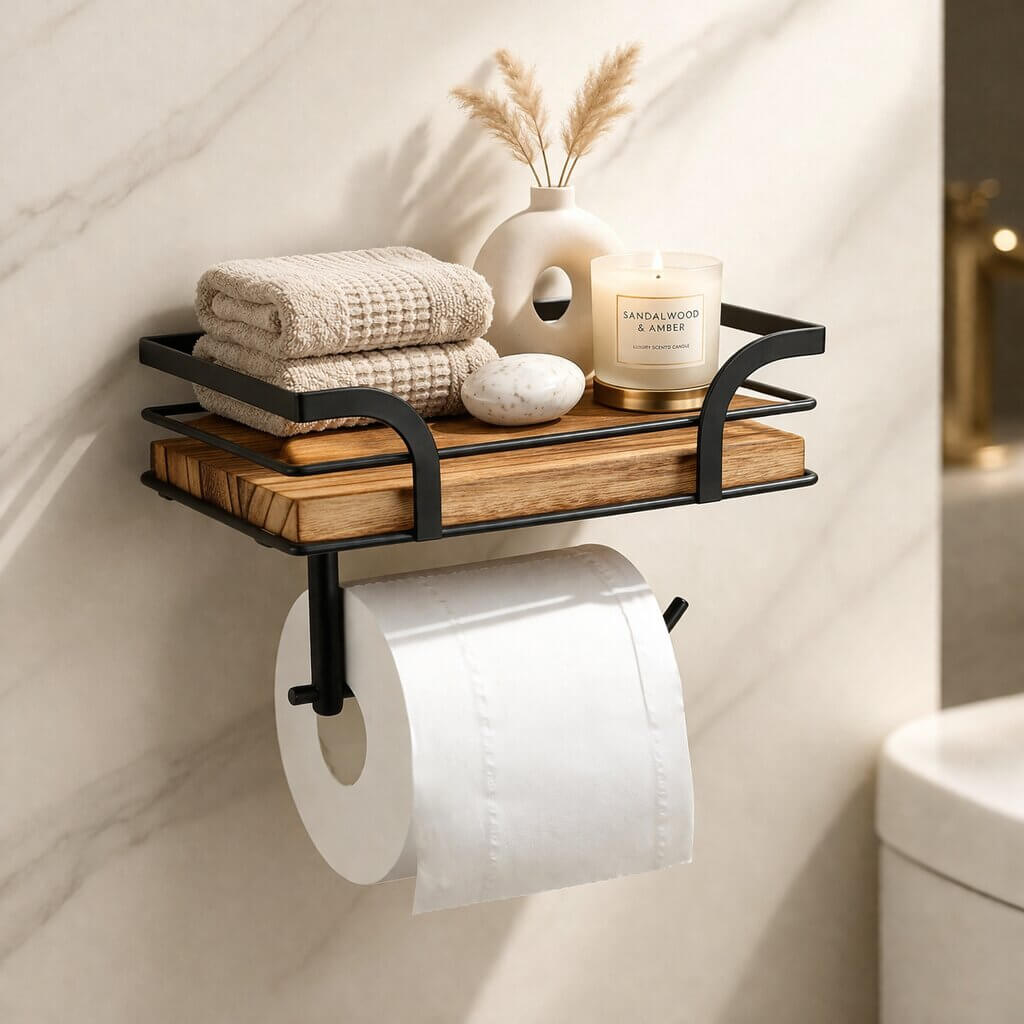 Toilettenpapierhalter mit Regal | Metall & Holz