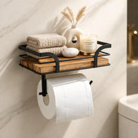 Wandregal mit Toilettenpapierhalter für Badezimmer & Toilet | Badezimmerregal aus Metall & Holz | Nordvero